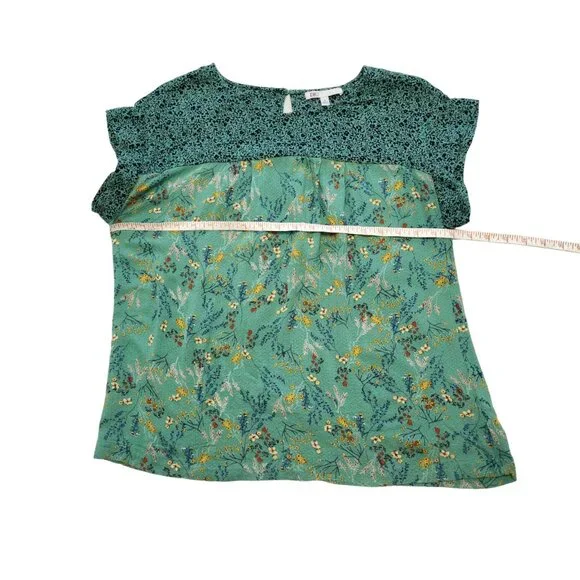 DR2 Green with Navy & Yellow Print Short Sleeved Pullover Blouse Size M - Picture 9 of 12